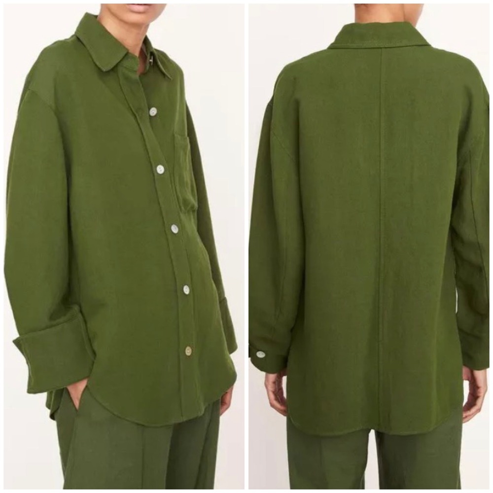 Vince Relaxed Shirt Jacket Moss Green Linen Blend Button Front Shacket Womens M